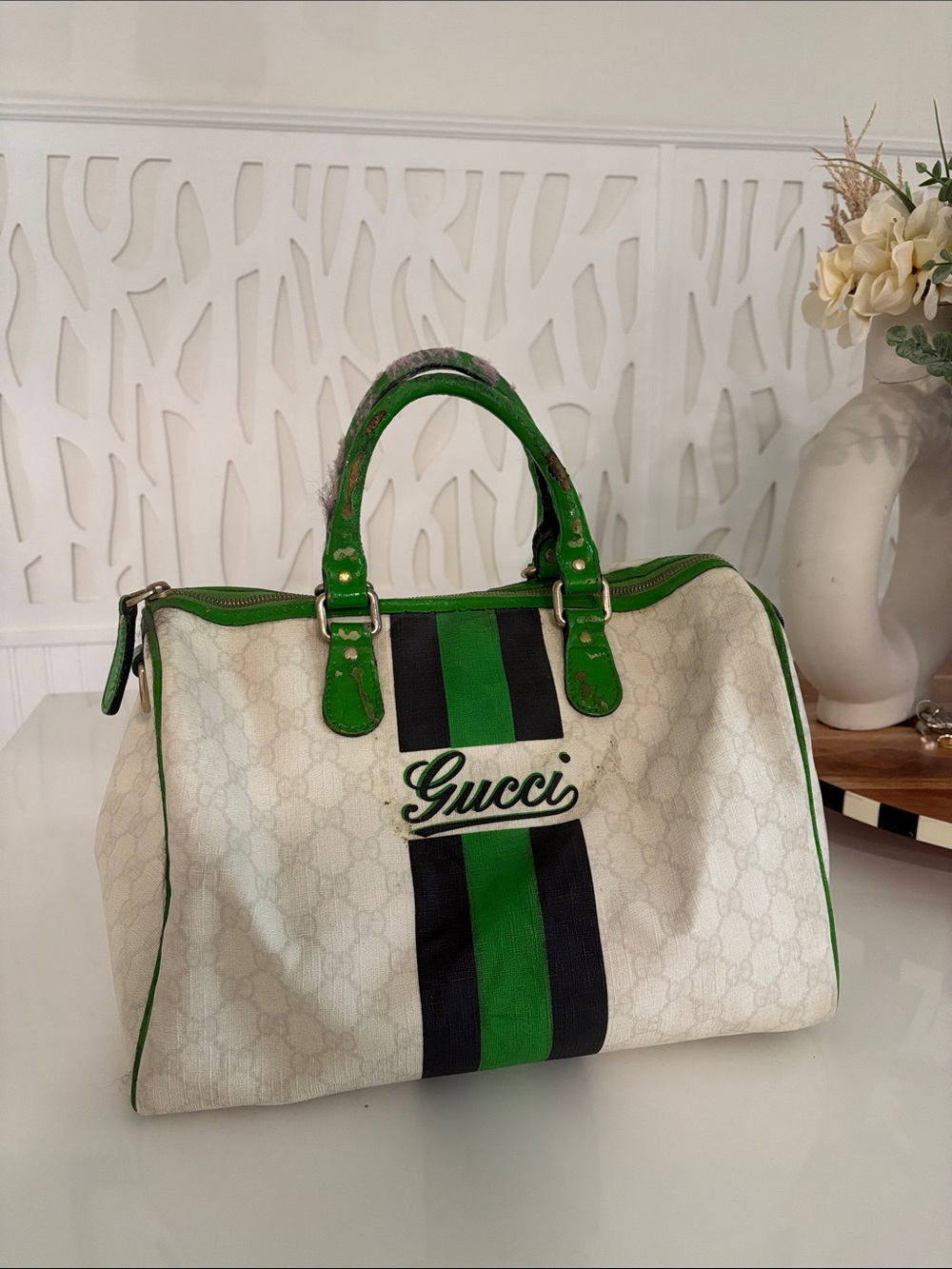 Vintage Gucci White Canvas Satchel with Green & Black Stripe
